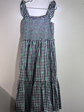 Black & White Gingham women Dress with Green Floral Accents